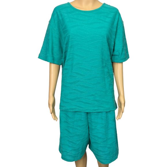 Vintage Blast Womens XL 2-Piece Aqua Turquoise Short Sleeve Blouse Shorts Outfit - Picture 2 of 13